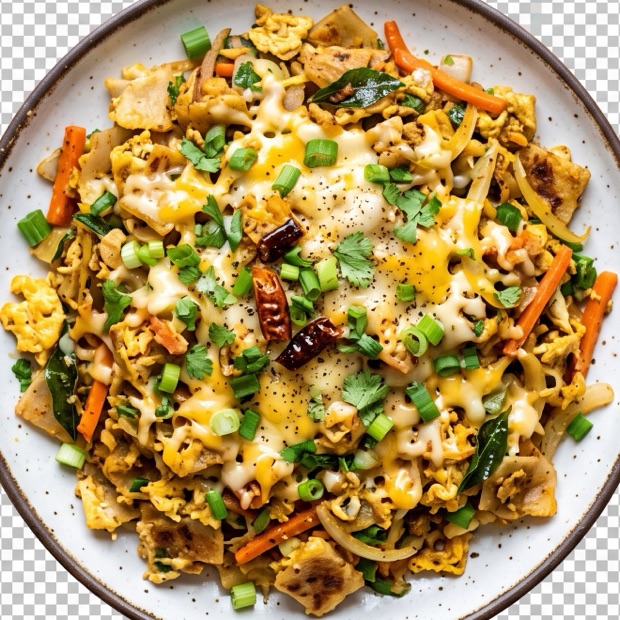 Cheese kottu topped with melted cheese, spring onion and dried chilli on a white plate