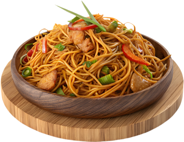 A wooden bowl of fried noodles with chicken, capsicum and spring onion