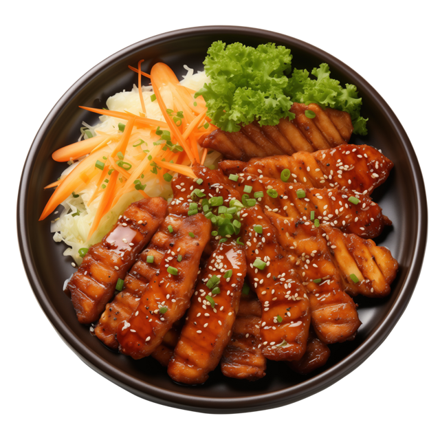 Glazed grilled chicken strips over rice with carrot and lettuce