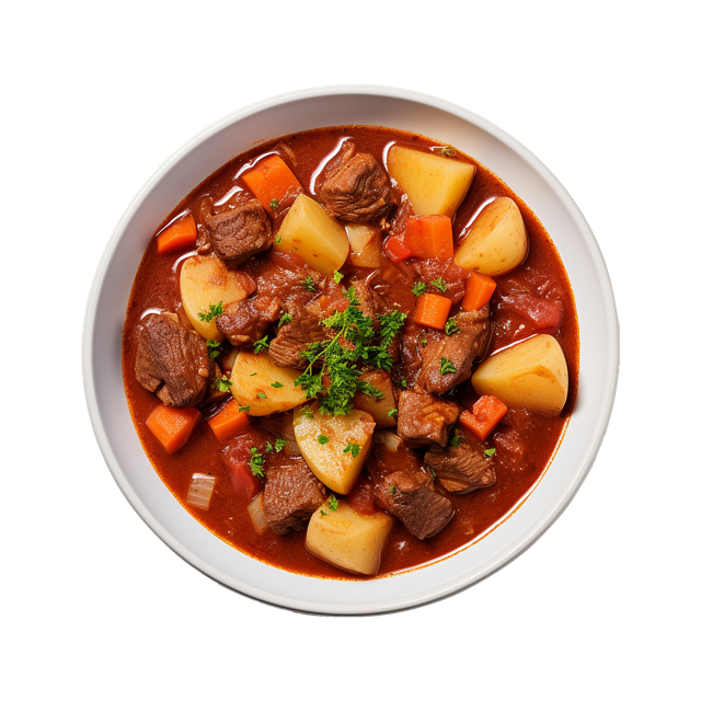 Beef stew with potato, carrot and parsley in a white bowl