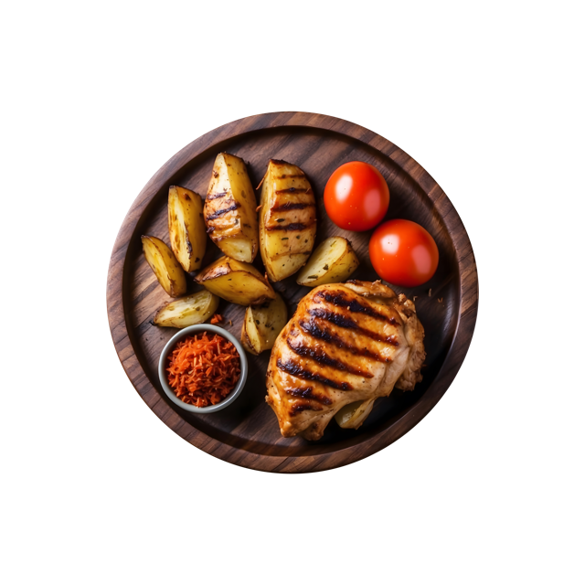 Grilled chicken with roast potato wedges and tomatoes on a wooden board