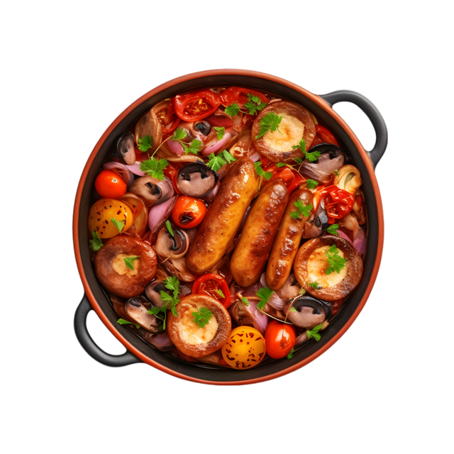 A cast-iron pot of sausages, mushrooms and tomatoes