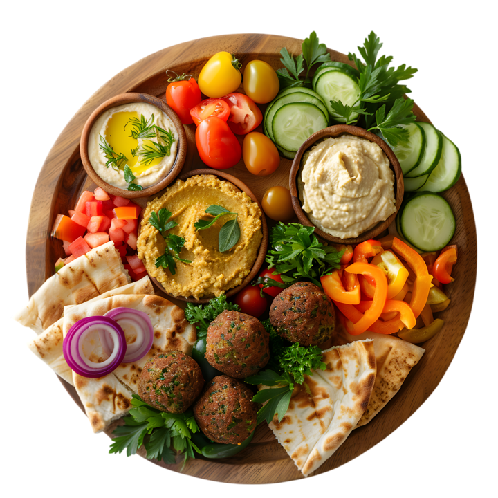 A wooden sharing platter of falafel, hummus, flatbread and fresh vegetables