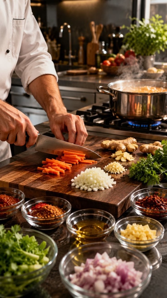 A chef slicing carrots at the pass while a pot simmers behind