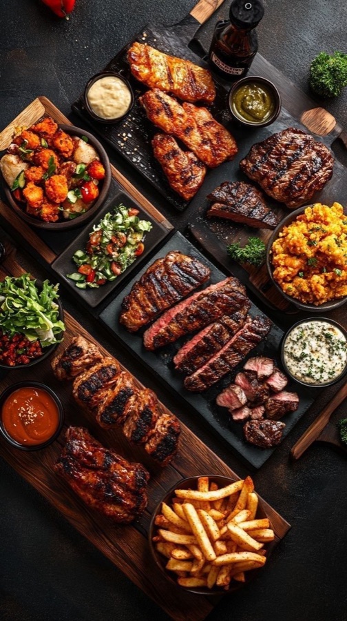 A long board of grilled meats, ribs, fries and sides laid out to share