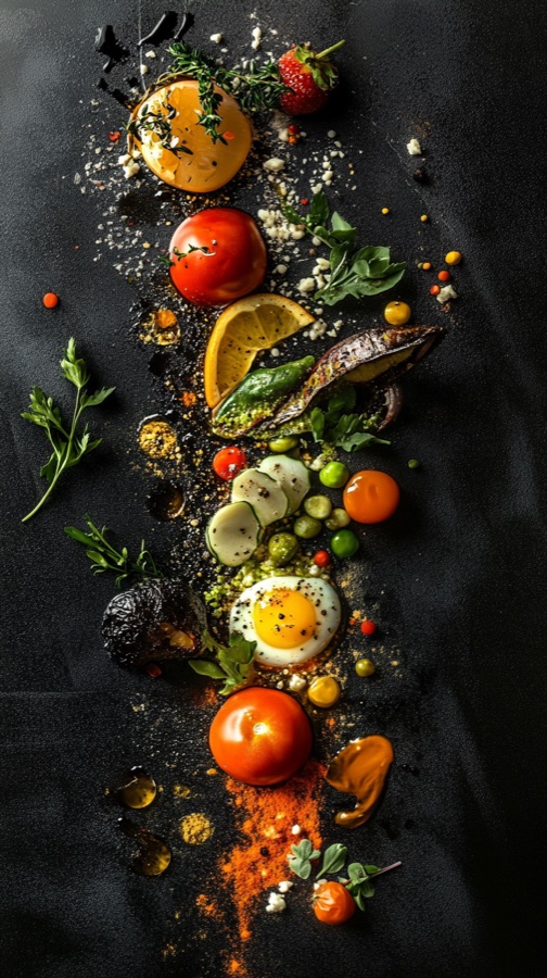 Fresh produce, herbs and spices laid out on a dark steel bench